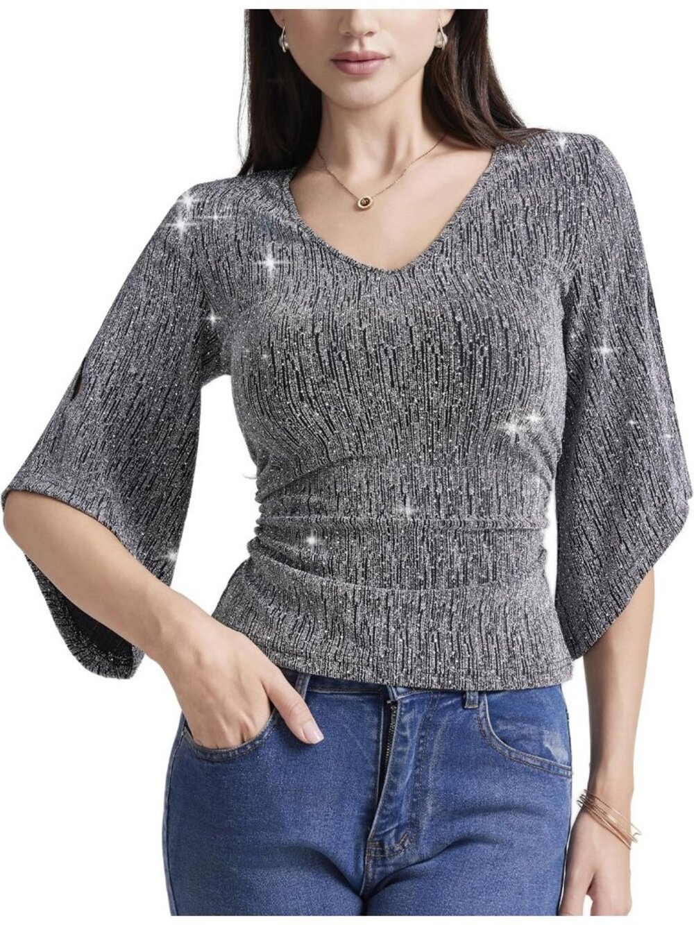 Women's Silver V Neck Glitter Sparkly Blouse Shiny 3/4 Sleeve Cocktail Party Top